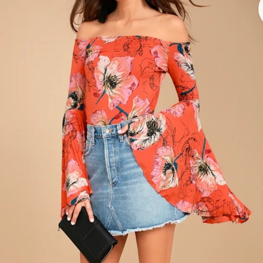 Free People We The Free Birds Of Paradise Off-Shoulder Boho Floral Top Size S